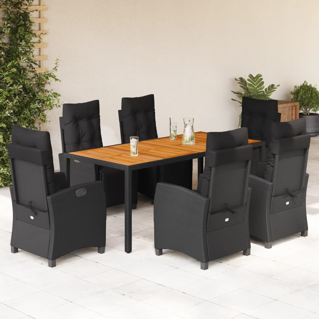 7-tlg. Garten-Essgruppe mit Kissen Schwarz Poly Rattan